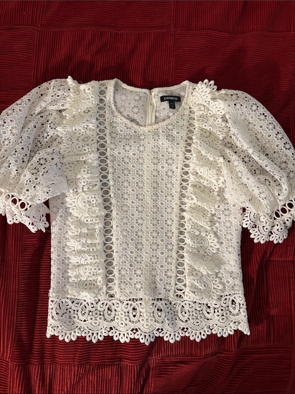 Express White Lace Eyelet Ruffle Puff-Sleeve Blouse